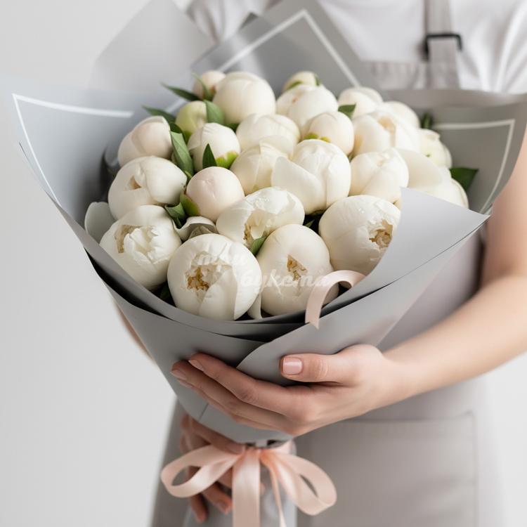 25 белых пионов в сером крафте